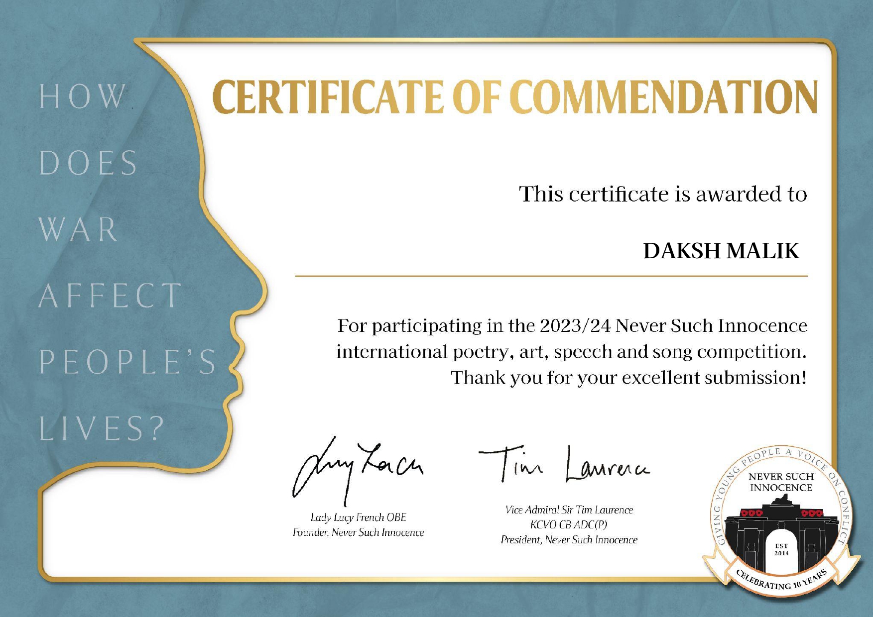 Daksh Malik awarded at the International Poetry Competition 2024