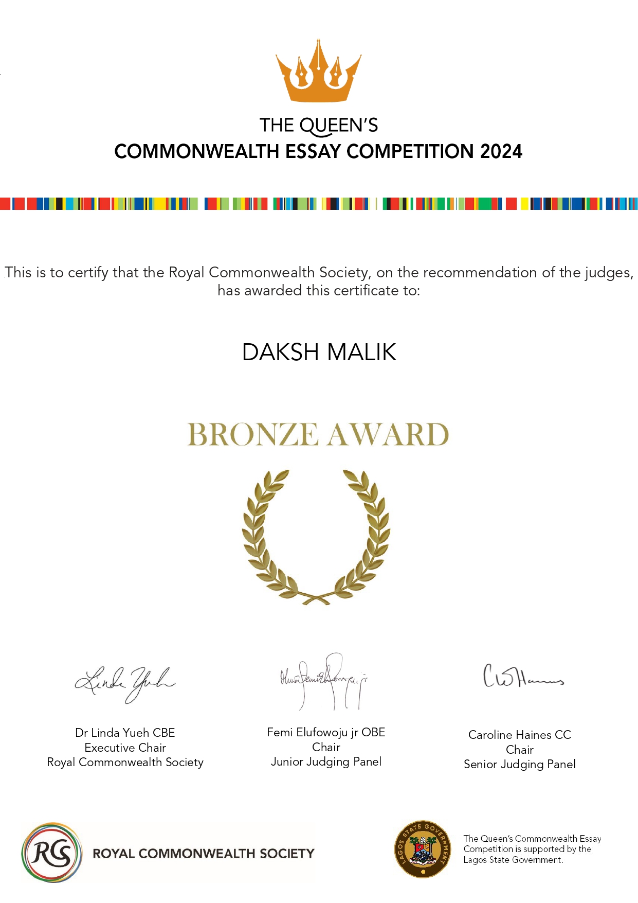 Daksh Malik creates Hat Trick at the International Level Queen's Commonwealth Essay Competition 2024